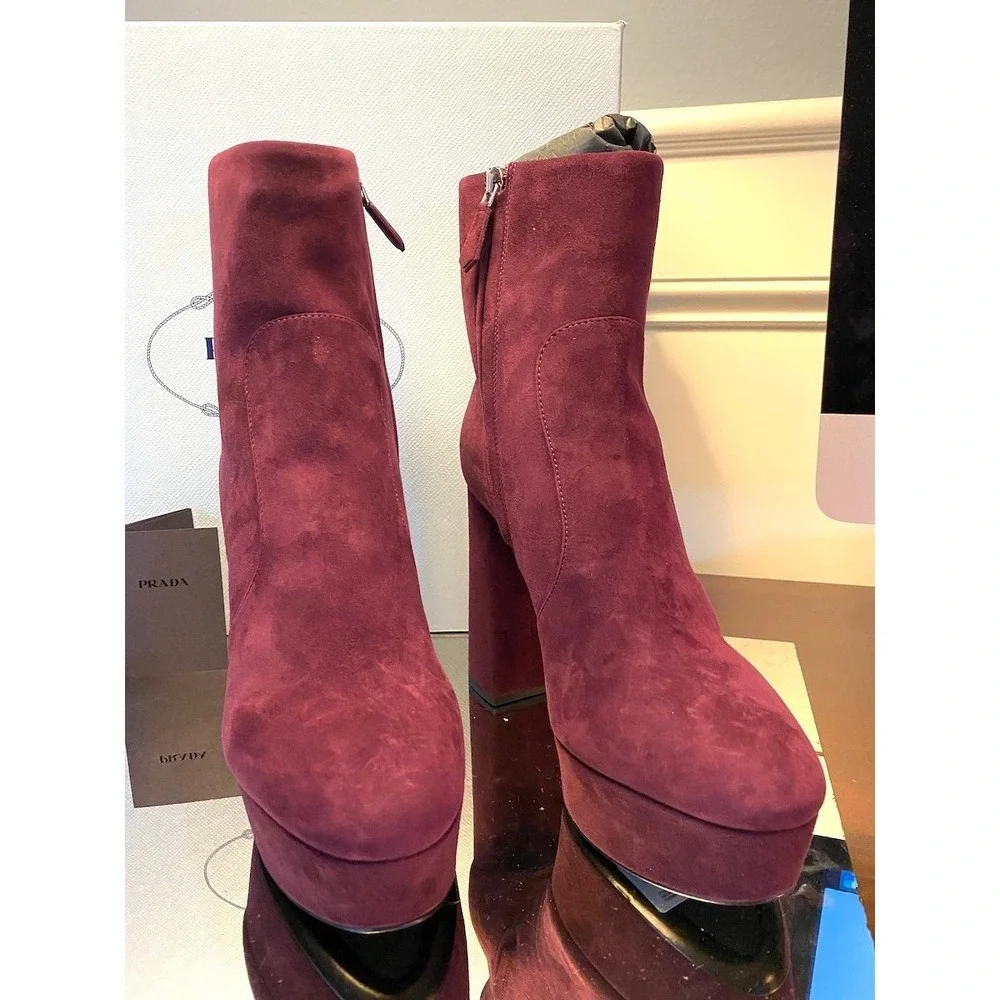 PRADA Milano 1TP221 Womens Burgundy Suede High heel‎ Ankle Boots Shoes, 35.5